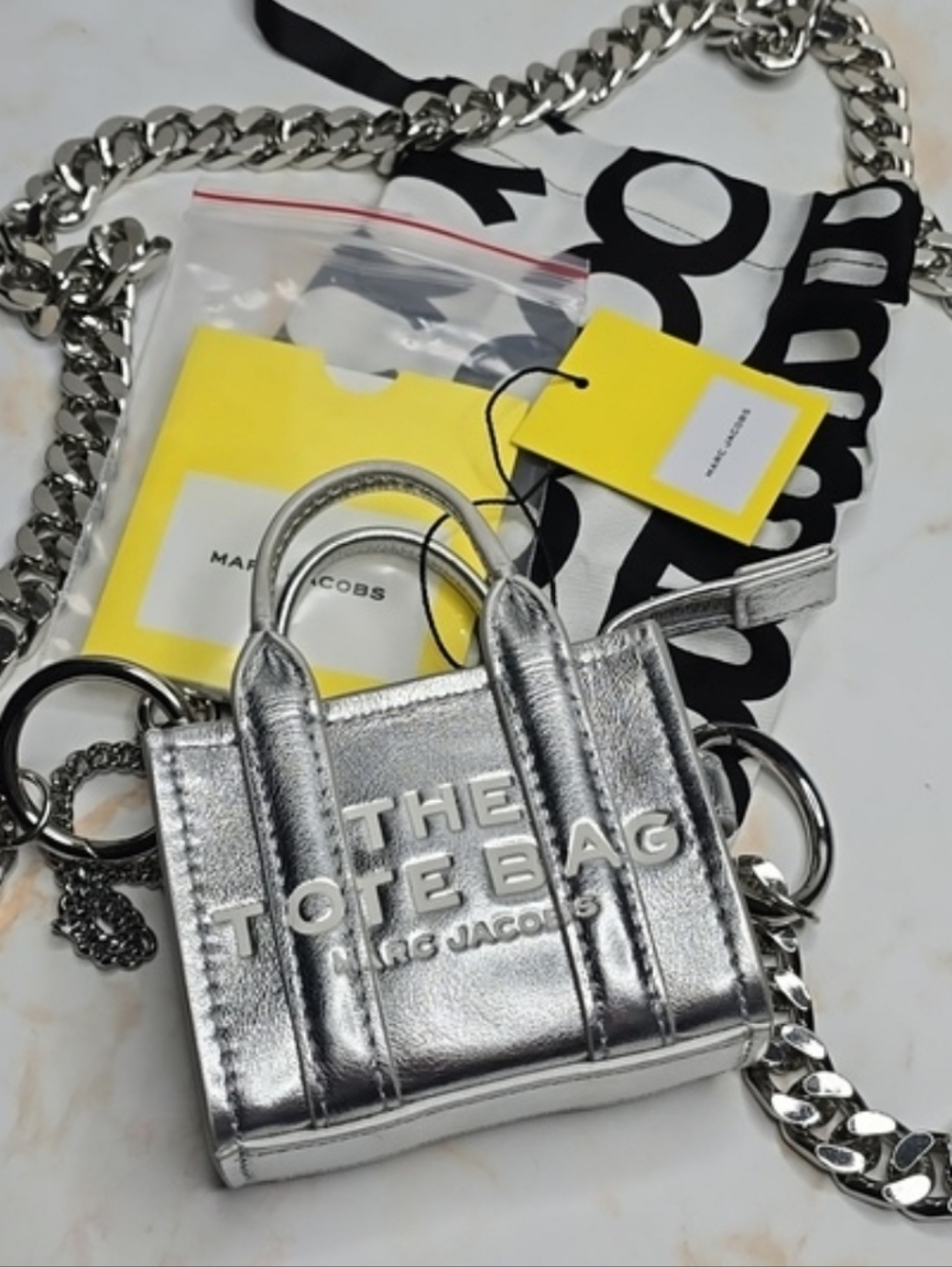 Marc Jacobs Micro Tote Bag Silver Metalic Nano Keychain New